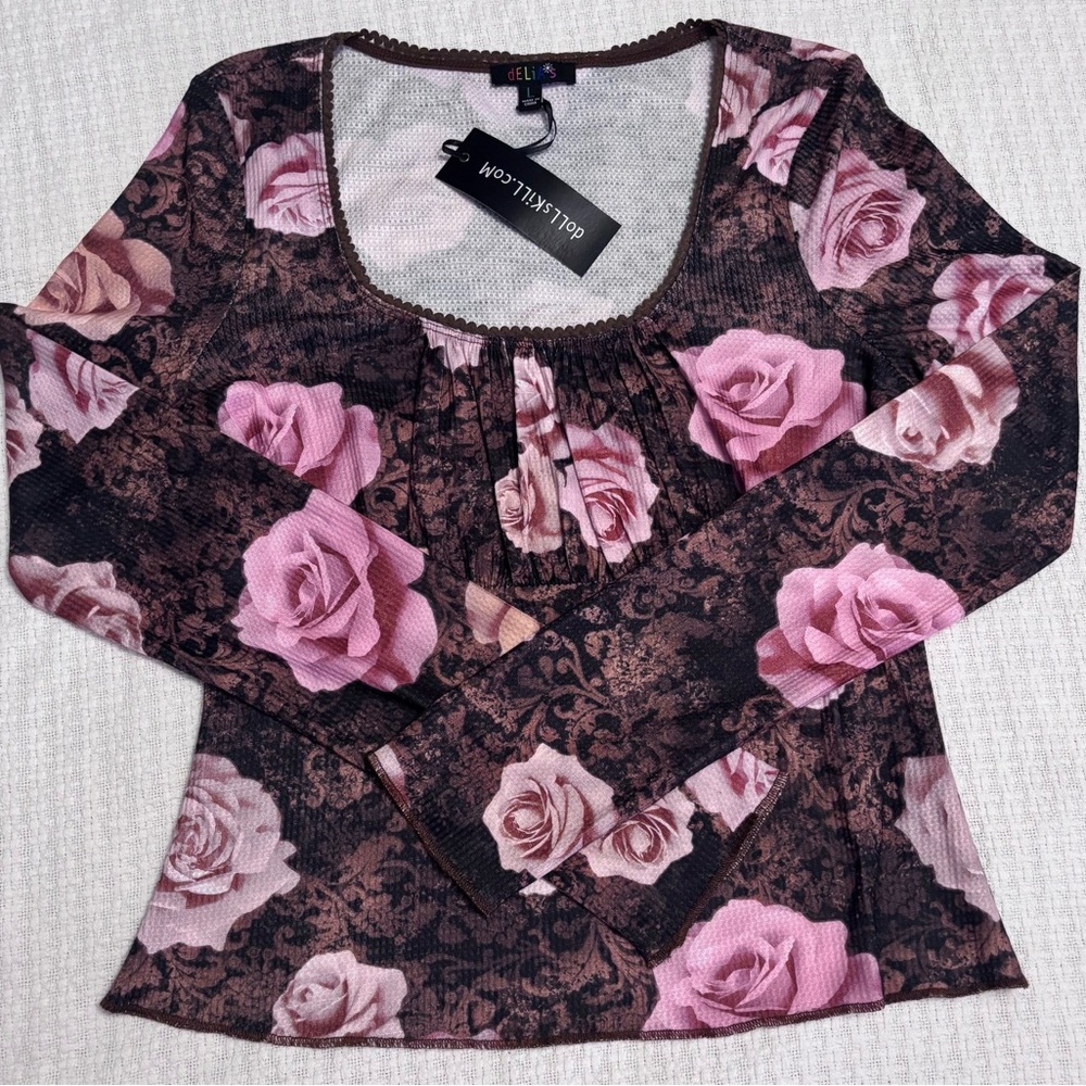 Delias Dolls Kill Hazy Memories Long Sleeve Top Women Size Large Rose Floral NWT